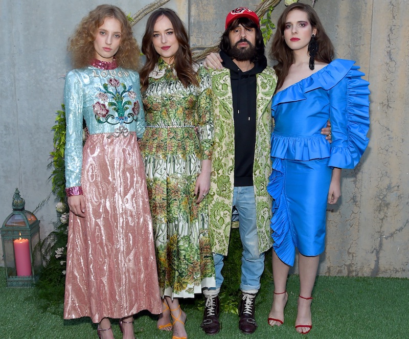 Gucci Ambassadors Dakota Johnson, Hari Nef and Petra Collins with Gucci Creative Director Alessandro Michele at the Bloom fragrance launch party. Image courtesy of Getty Images for Gucci.
