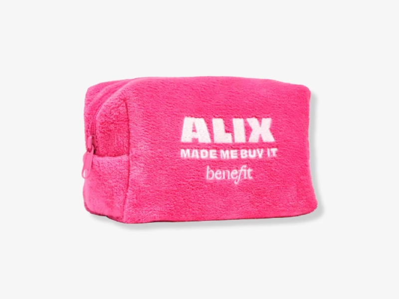 The fluffy pink make-up bag sports the phrase ‘Alix made me buy it’ in white