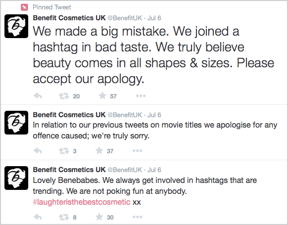 Benefit UK apologises for 'fat-shaming' hashtag tweet