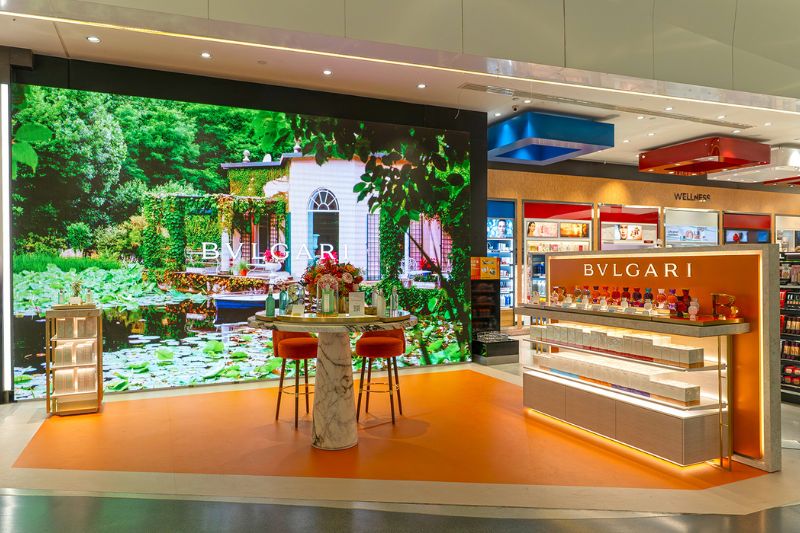 Bulgari has opened two fragrance pop-ups in Athens International Airport (pictured) and Rome's Fiumicino Airport