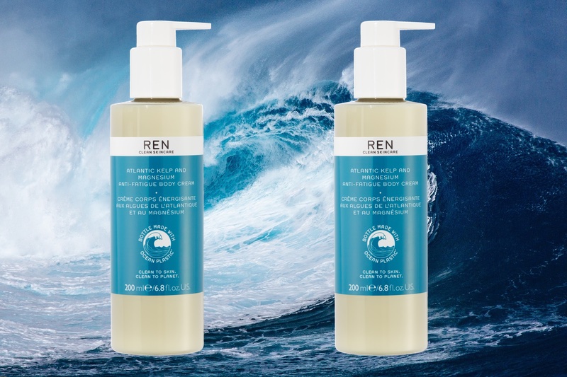 REN houses new Atlantic Kelp and Magnesium Anti-Fatigue Body Cream in 100% recycled plastic packaging
