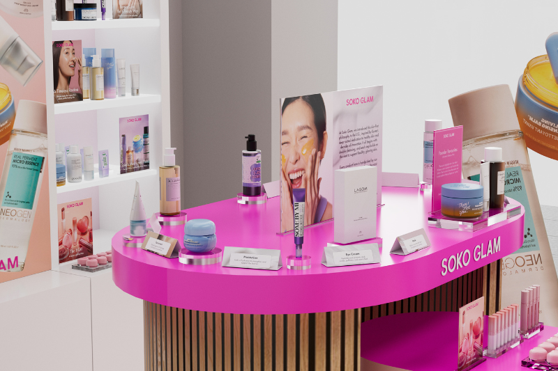 A peek into what Soko Glam x Space NK will look like in-store.
