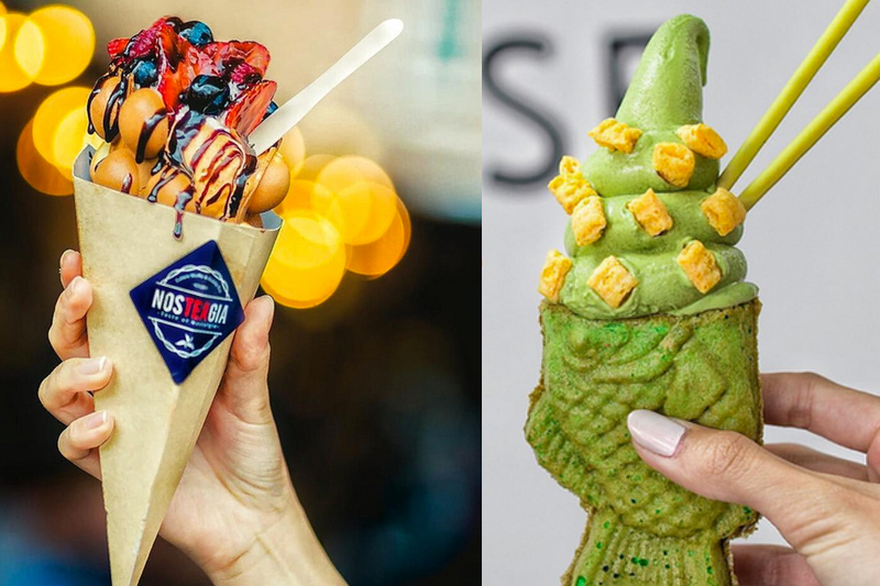 Two ice-cream food trends: egg waffle ice cream cones & fish-shaked 'taiyaki' cones. Instagram / @nammy_thuchy @feastie.boys
