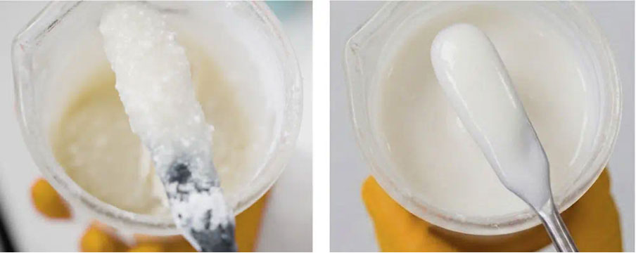 Silica agglomerates vs. smooth, finished paste produced with a Silverson High Shear Mixer