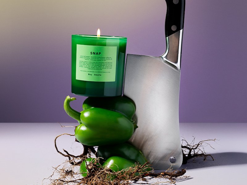 Boy Smell’s Snap candle features green bell pepper notes mixed with vetiver and petitgrain