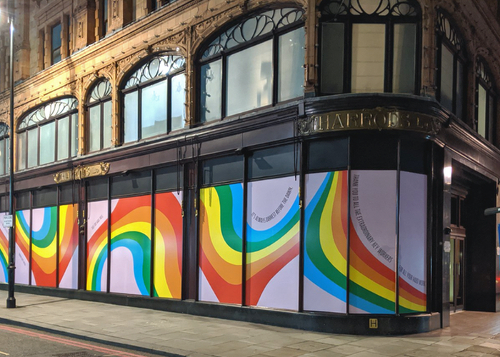Why have rainbows appeared in Harrods' windows? 